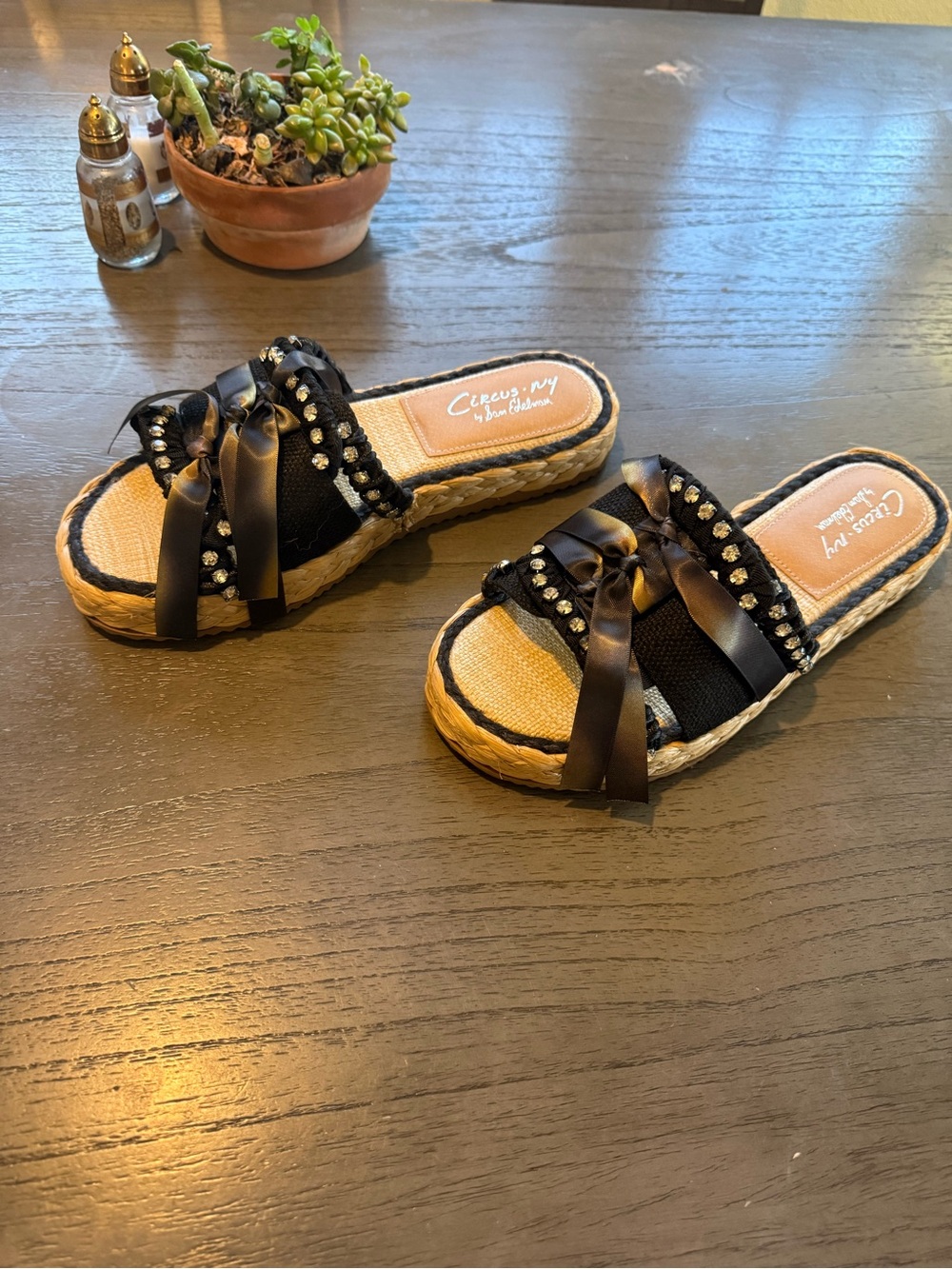 Circus by Sam Edelman Black Satin Bow Embellished Espadrille Slides